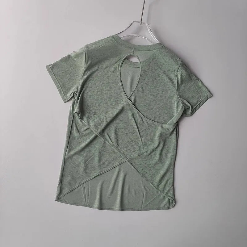 2025 Women’s Hollow Cross Mesh Backless Yoga T-Shirt