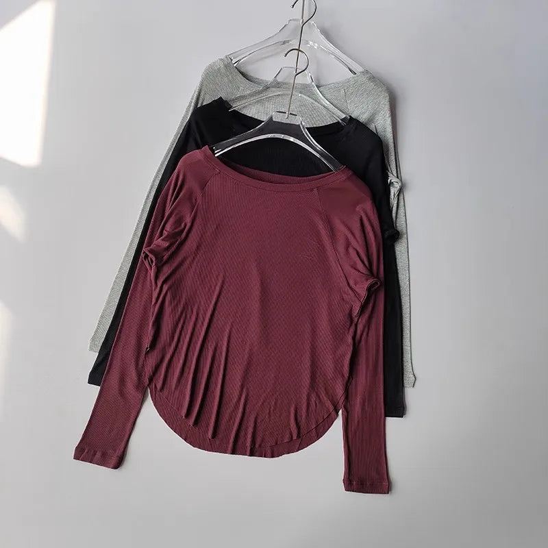 Women’s Modal Ribbed Yoga Top – Long Sleeve Slimming Loose Fit