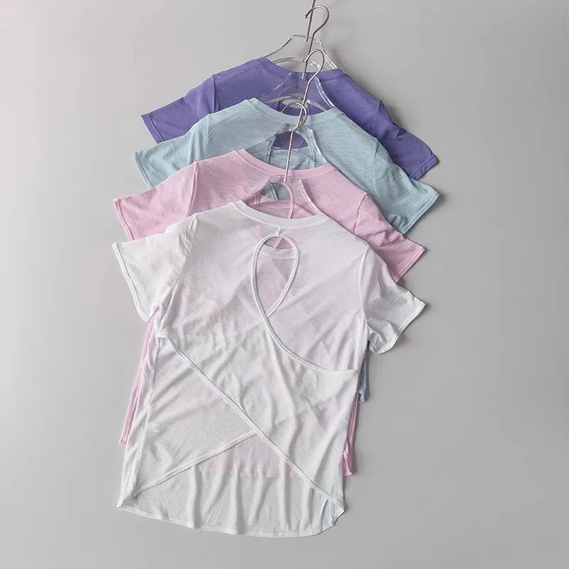 2025 Women’s Hollow Cross Mesh Backless Yoga T-Shirt