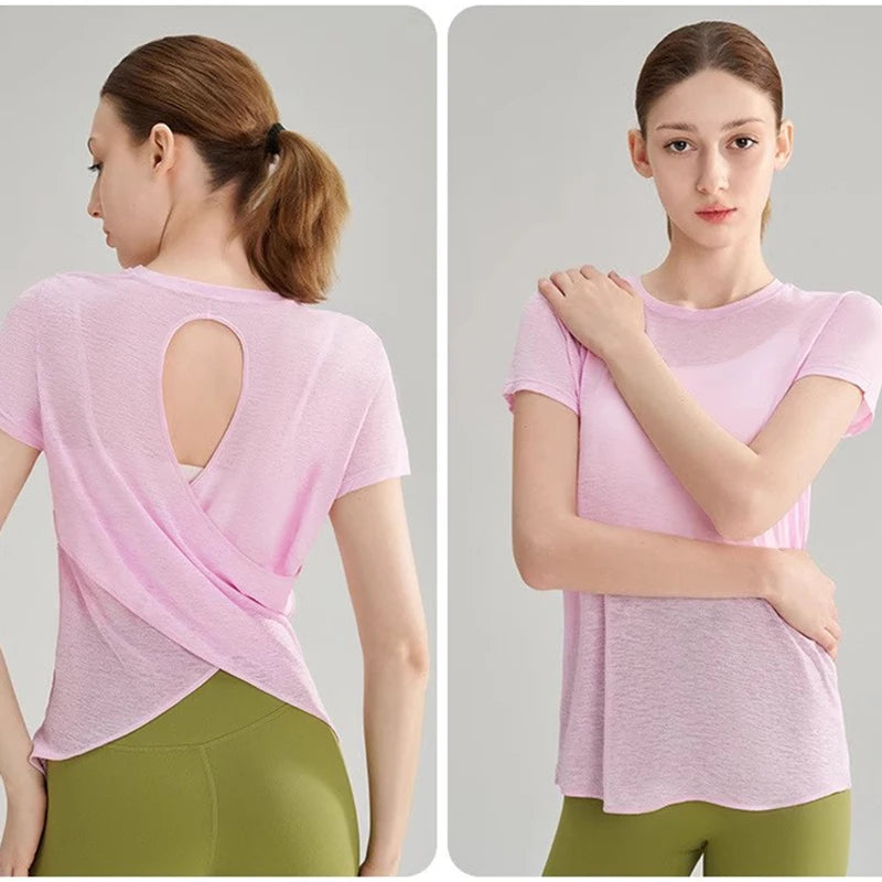 2025 Women’s Hollow Cross Mesh Backless Yoga T-Shirt