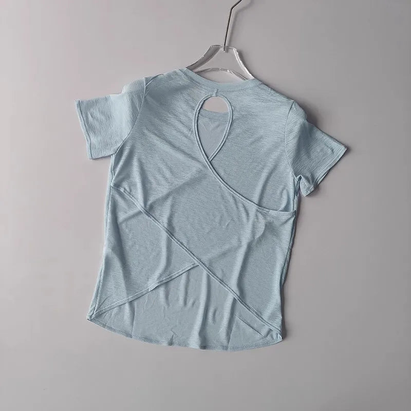 2025 Women’s Hollow Cross Mesh Backless Yoga T-Shirt