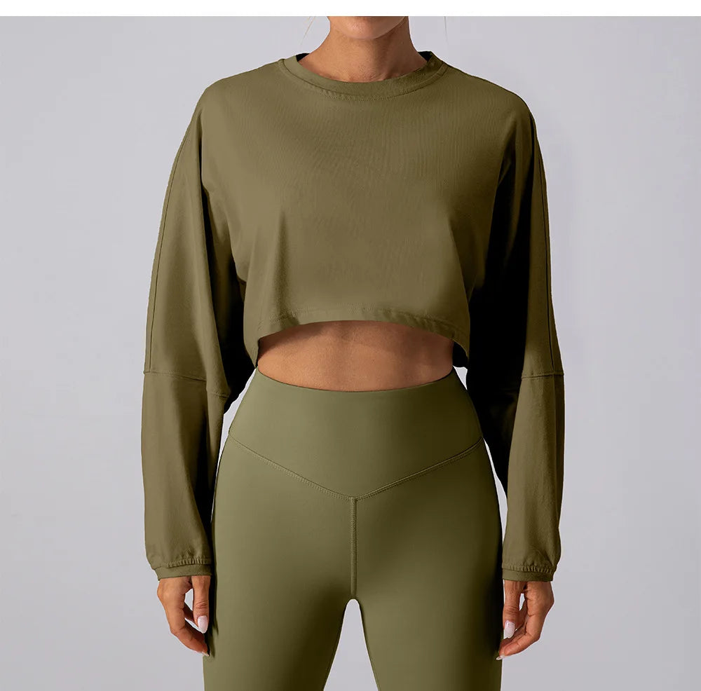 Women’s Long Sleeve Crop Top – Loose Yoga Workout Shirt