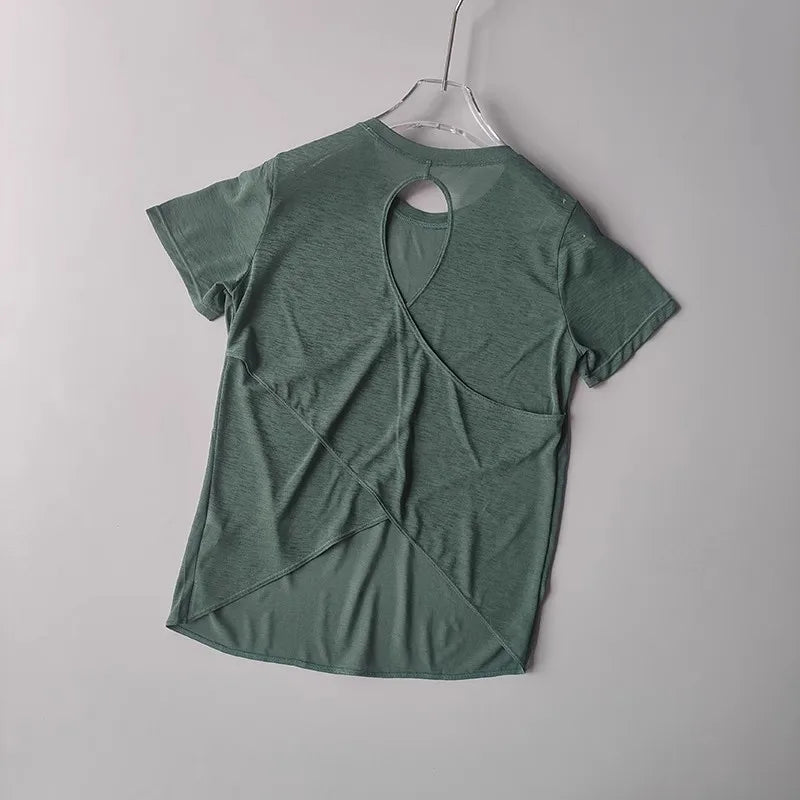 2025 Women’s Hollow Cross Mesh Backless Yoga T-Shirt