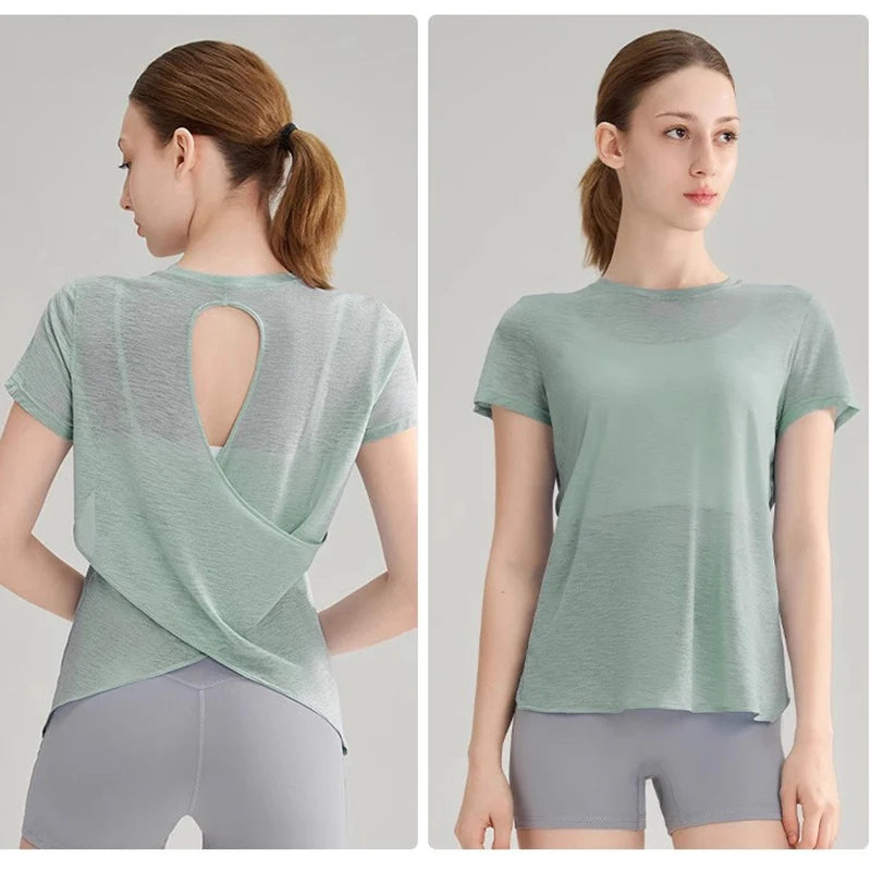 2025 Women’s Hollow Cross Mesh Backless Yoga T-Shirt