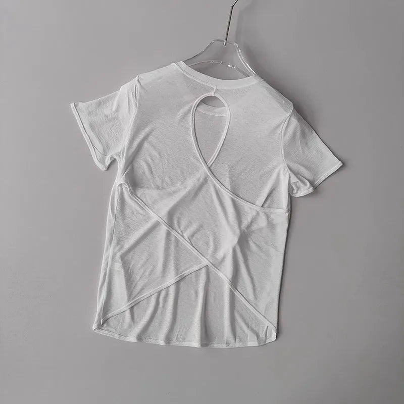 2025 Women’s Hollow Cross Mesh Backless Yoga T-Shirt