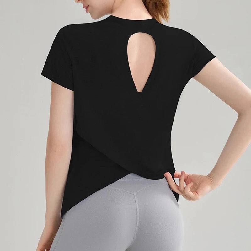 2025 Women’s Hollow Cross Mesh Backless Yoga T-Shirt