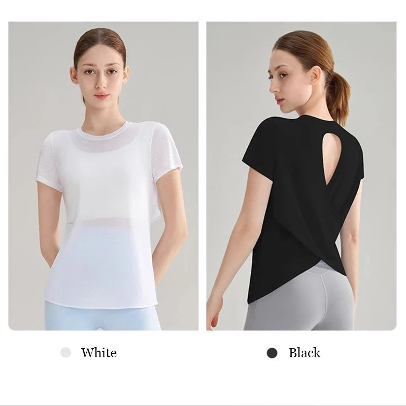 2025 Women’s Hollow Cross Mesh Backless Yoga T-Shirt