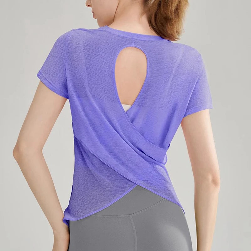 2025 Women’s Hollow Cross Mesh Backless Yoga T-Shirt