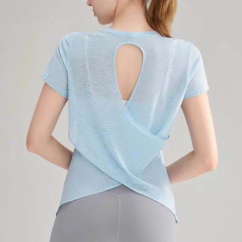 2025 Women’s Hollow Cross Mesh Backless Yoga T-Shirt