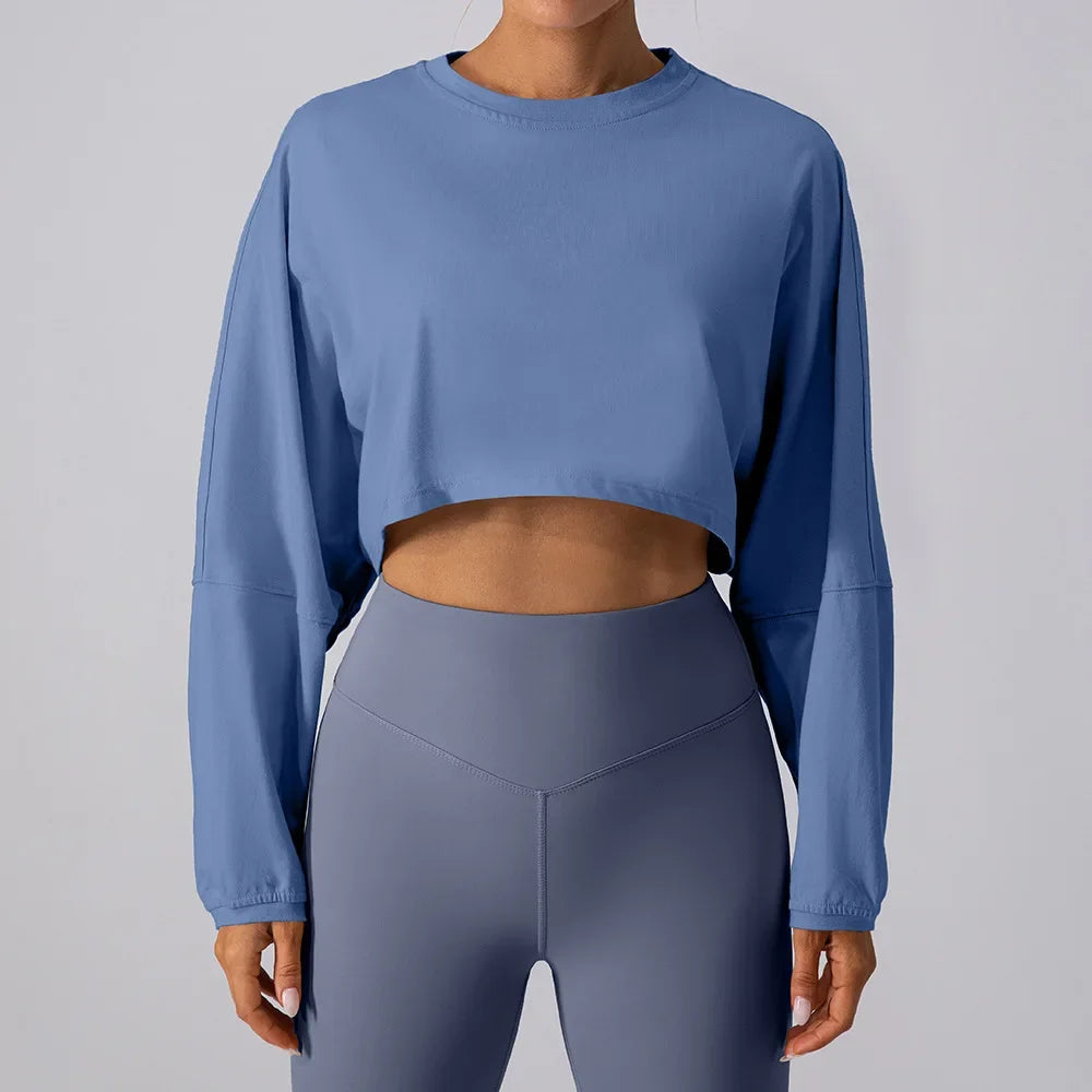 Women’s Long Sleeve Crop Top – Loose Yoga Workout Shirt