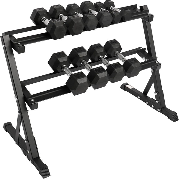 Signature Fitness 150LB Rubber Coated Hex Dumbbell Set with Storage Rack