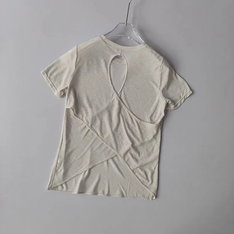 2025 Women’s Hollow Cross Mesh Backless Yoga T-Shirt