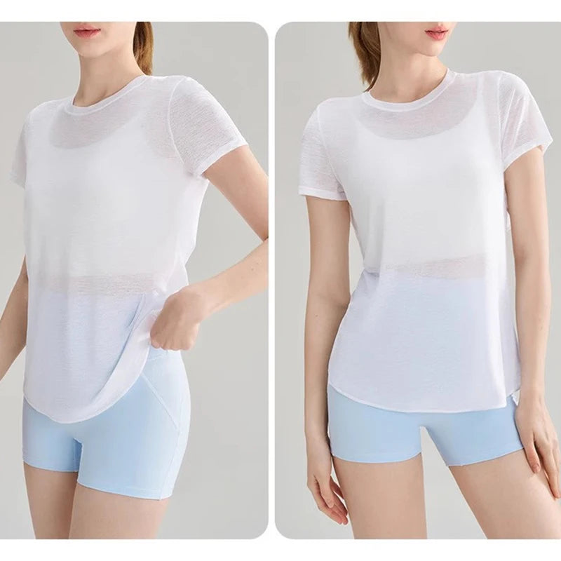 2025 Women’s Hollow Cross Mesh Backless Yoga T-Shirt